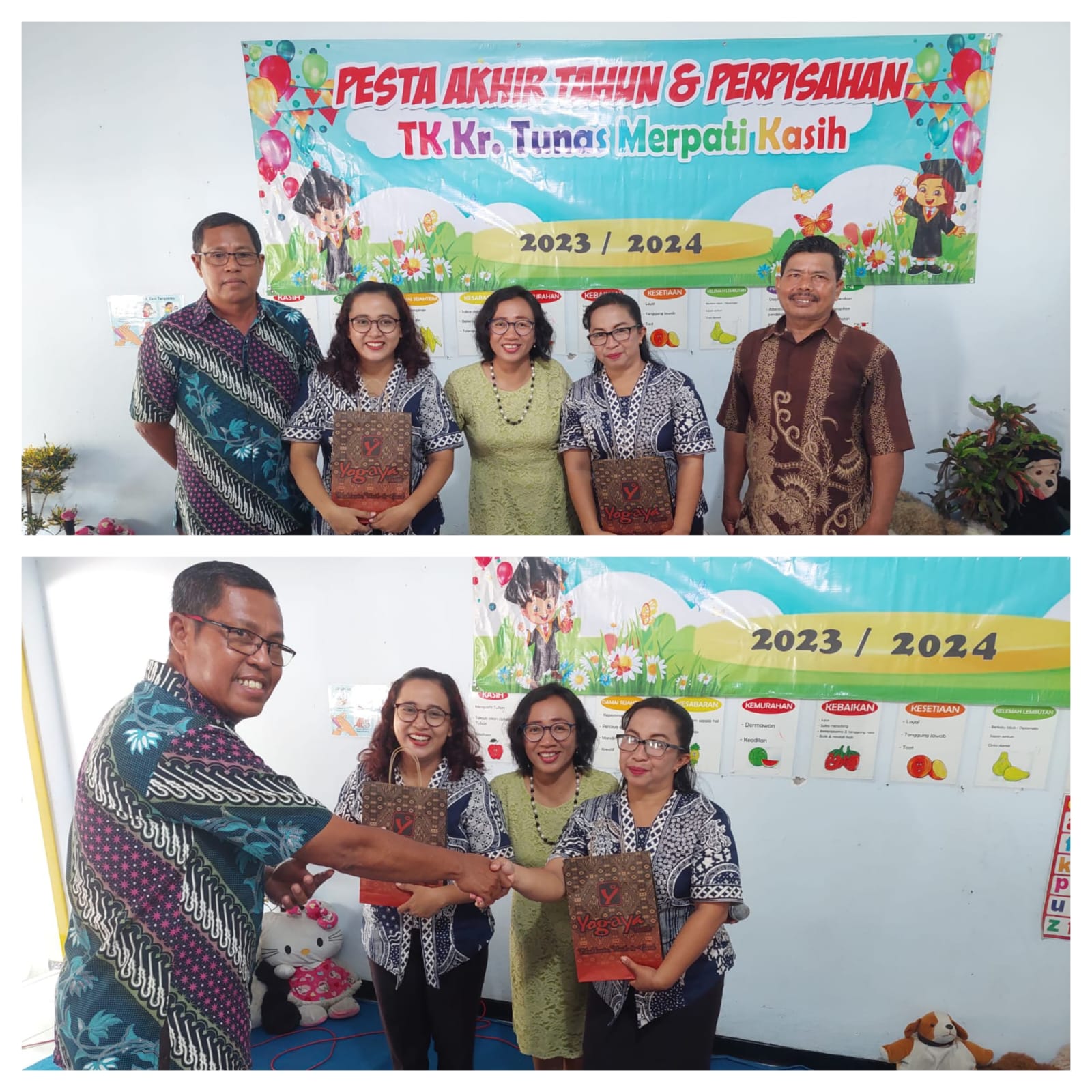 Foto Atas: Foto bersama Pengurus Yayasan YBPK Cabang Bongsorejo.Foto Bawah: Pemberian cindera mata kepada Guru TK Kristen Tunas Merpati Kasih.