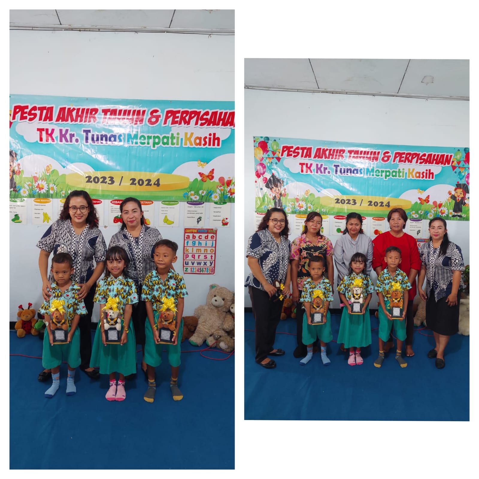 Foto Kiri: Foto Siswa yang lulus dengan Ibu Guru.Foto Kanan: Foto bersama Wali Murid dan siswa beserta Ibu Guru.