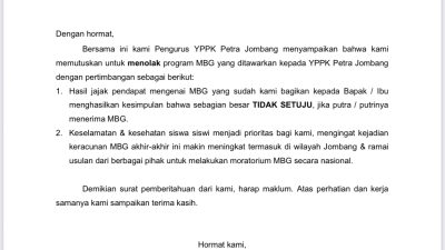 Yayasan Pendidikan Kristen Petra Jombang Tolak Program MBG